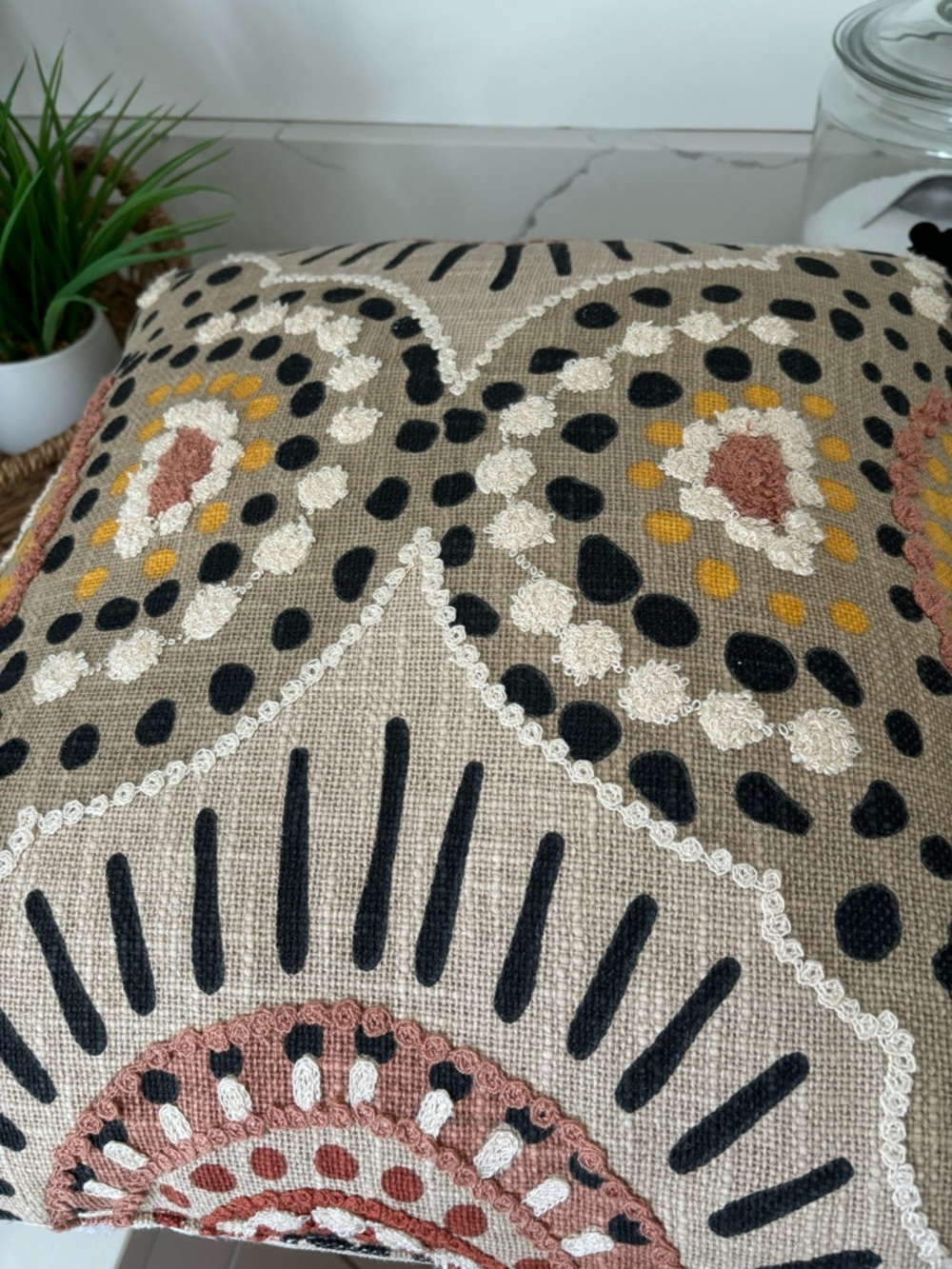 Bohemian Tassled Throw Pillow Mixed Textiles Cream Black Terra Cotta 19x19 Decor - Picture 8 of 12